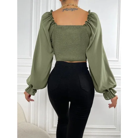 Frill Trim Bell long Sleeve Ruched Bust Milkmaid crop top boho brown - Picture 8 of 11